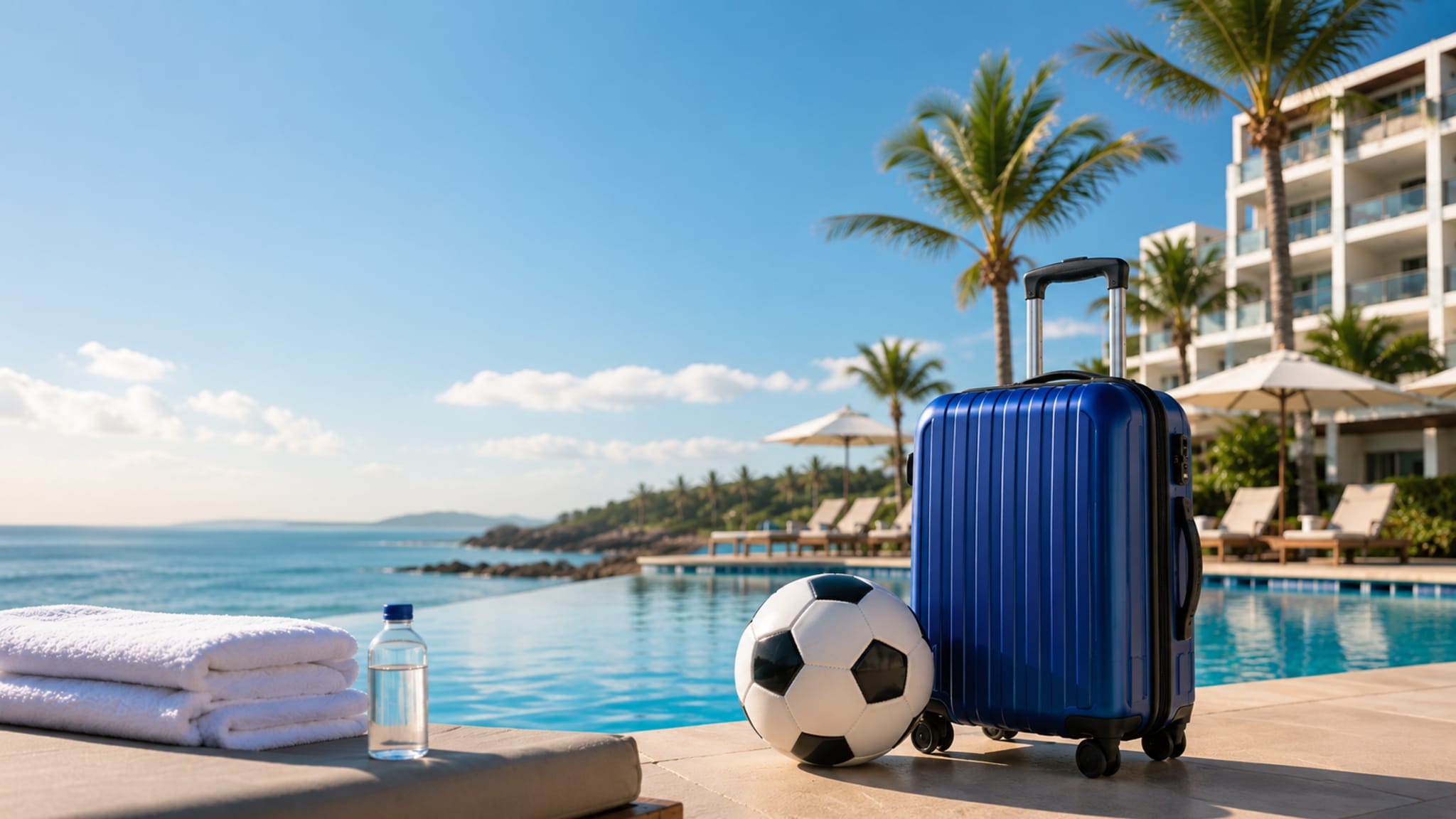 Koffer mit Fußball vor einem Hotelpool am Strand im Hintergrund ein Luxushotel © KI generiert