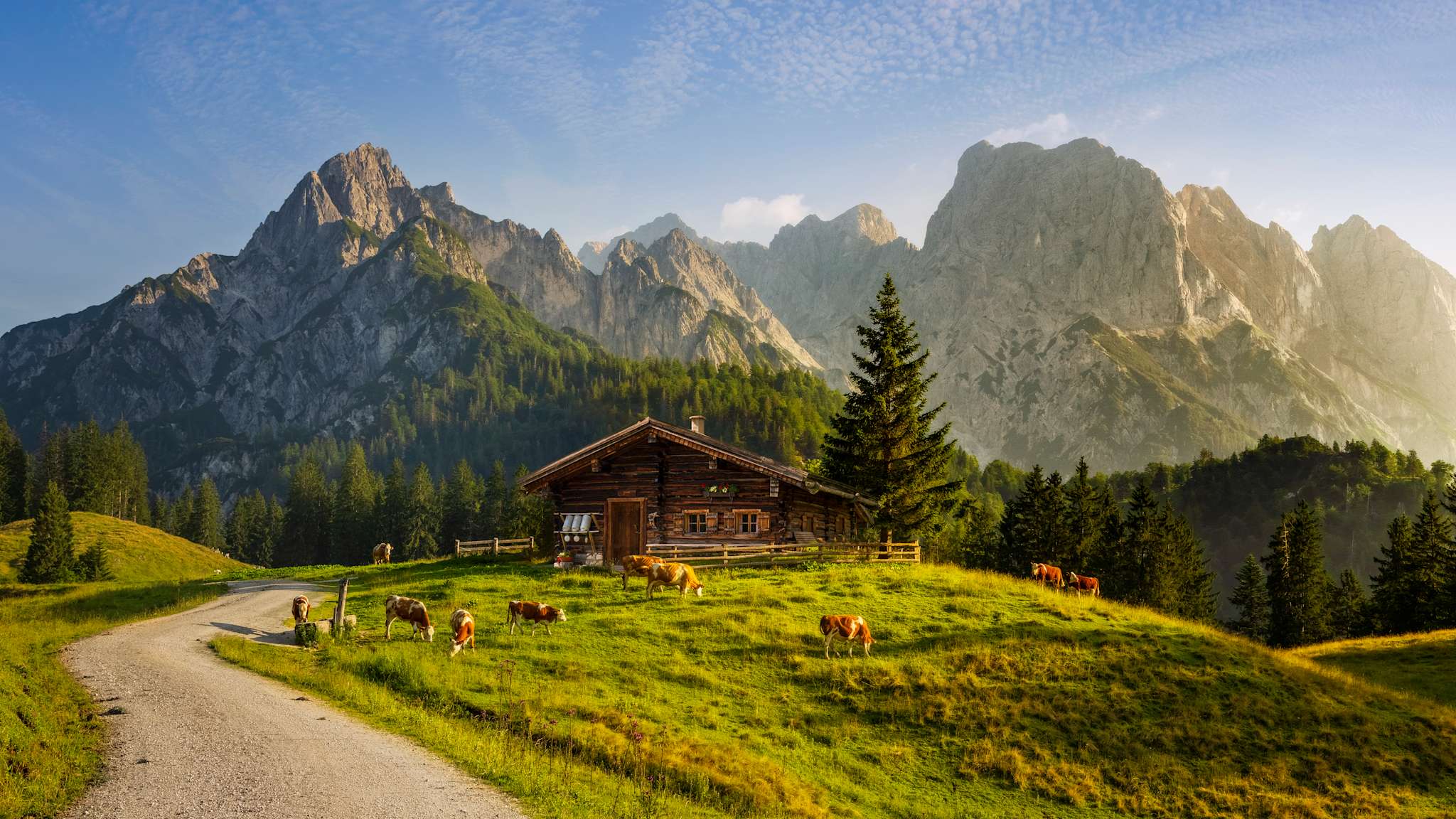 Alpenkulisse mit Bergchalet im Sommer