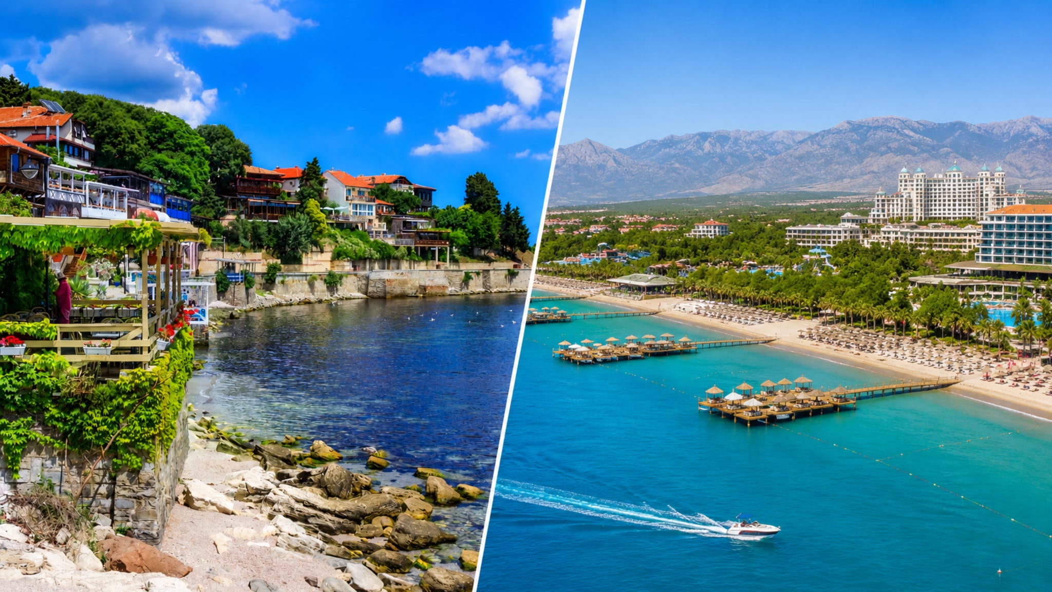 Ein Splitsc reen mit Ansichten eines Strandes in Bulgarien und der Türkei