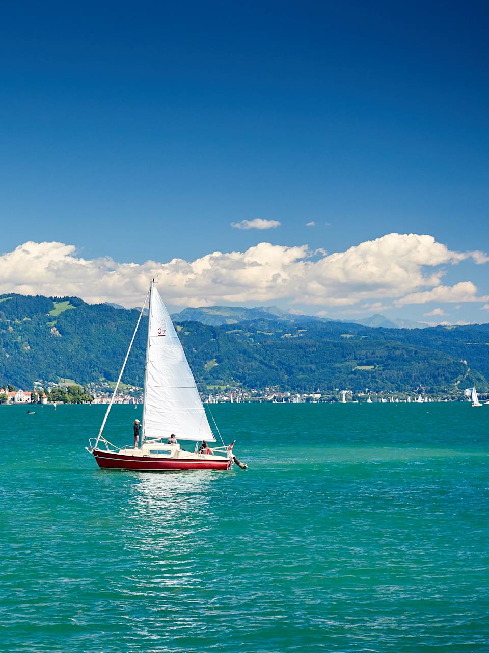 Boot auf dem Bodensee, bewaldete Hügel im Hintergrund