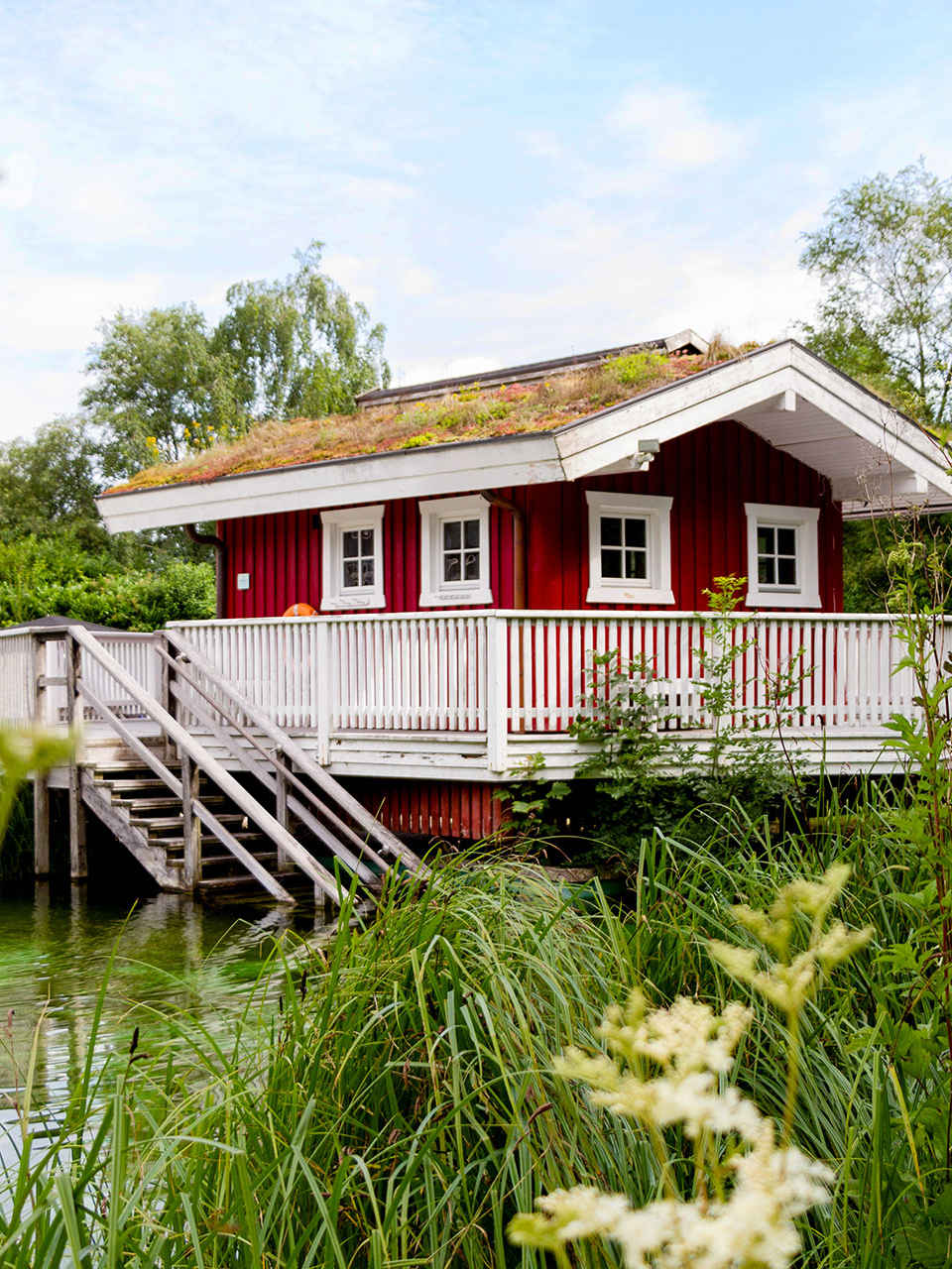 Rote skandinavisch anmutende Saunahütte mit Gründach und Holzterrasse, auf Stelzen über einem natürlichen Teich gelegen, umgeben von grüner Vegetation in der Friesentherme Emden.