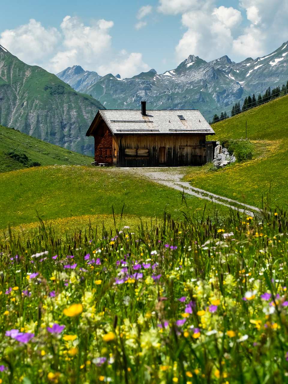 Almhütte zwischen Bergen in Vorarlberg, Österreich