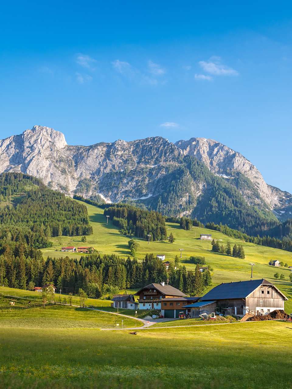 Häuser vor einem Bergpanorama, Salzburger Land, Österreich.