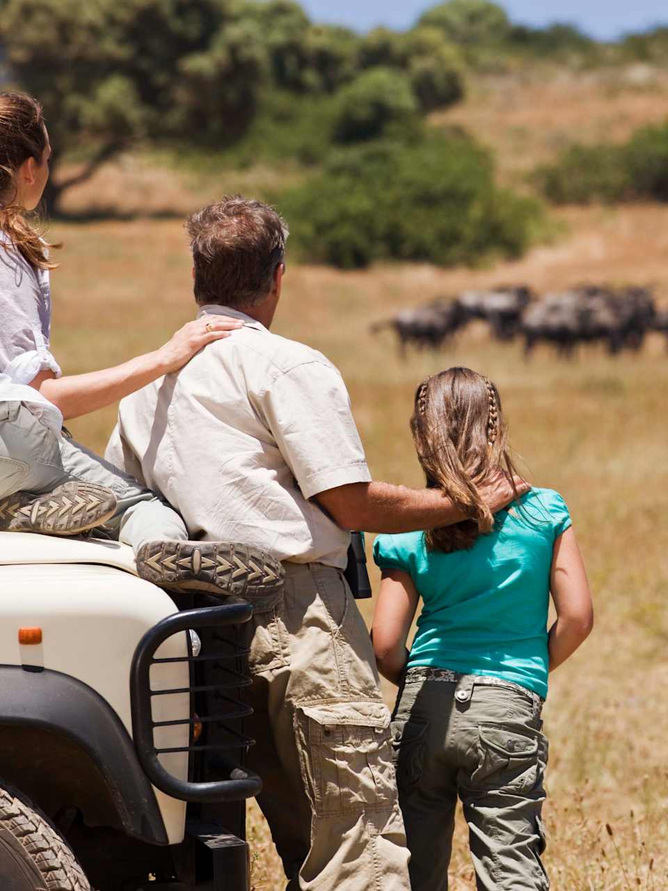 Vater beobachtet Tiere mit seinen Töchtern bei einer Safari.
