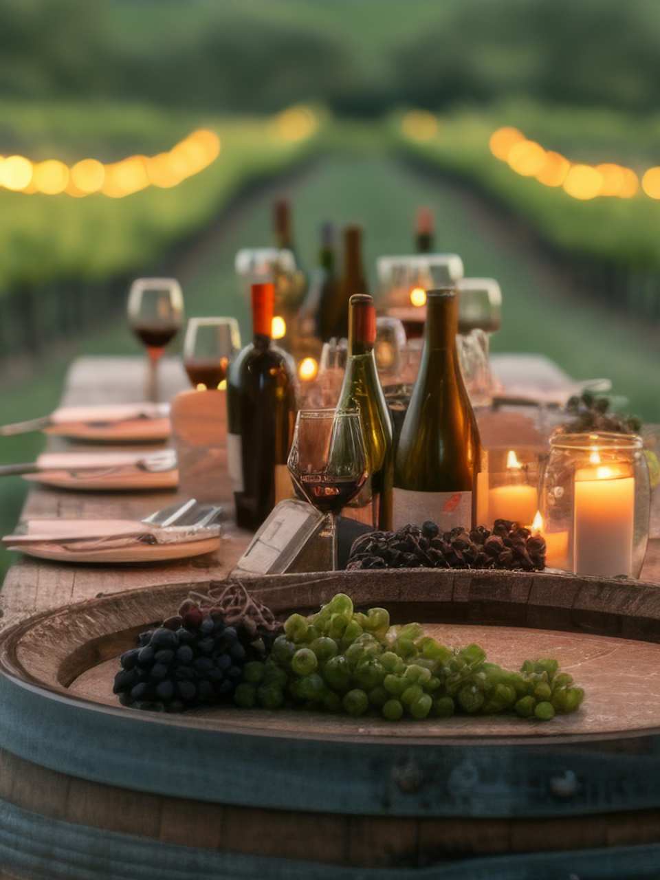 Ein gedeckter Tisch steht zwischen Weinreben