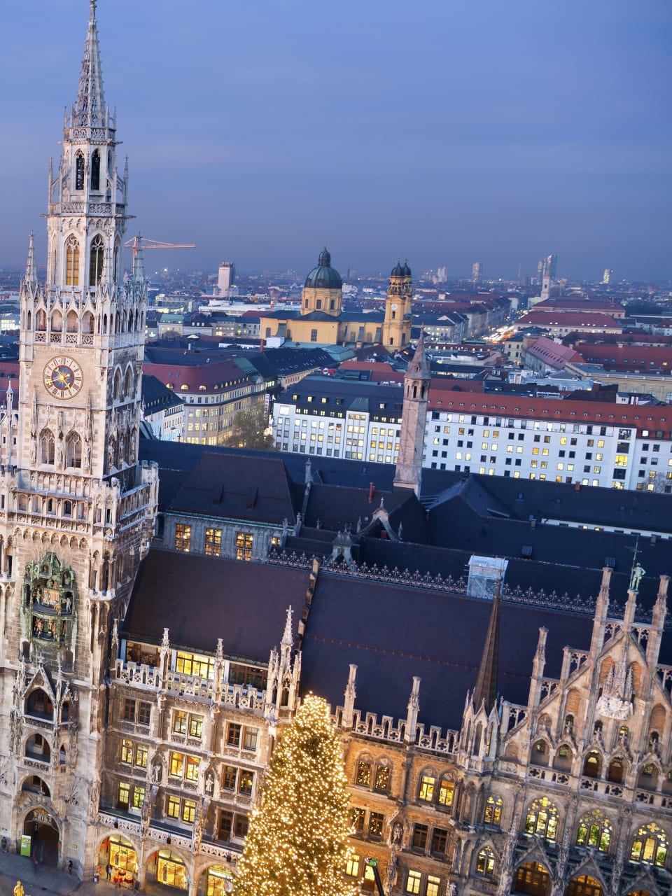 Munich, Germany. Aerial image of Munich, Germany with Christmas Market and Christmas decoration during sunset.