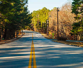 Eine mit Bäumen gesäumte Straße mit gelbem Mittelstreifen