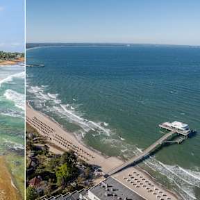 Links ein Strandbild der Elfenbeinküste, rechts ein STrand an Deutschlands Ostseeküste