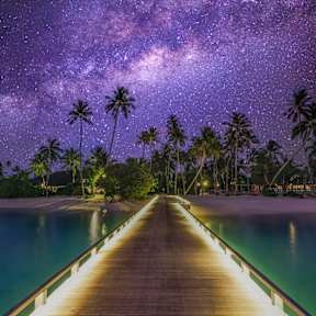 Sternenhimmel am Pier am Meer mit Palmenstrand.