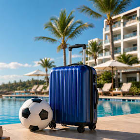 Koffer mit Fußball vor einem Hotelpool am Strand im Hintergrund ein Luxushotel © KI generiert