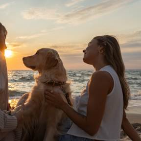 Ein Paar mit Hund am Strand