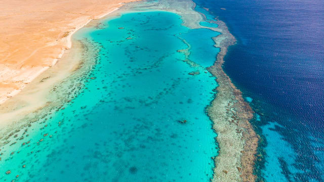 Wüstenküste und das blauen Wasser des Riffs am Roten Meer, Ägypten