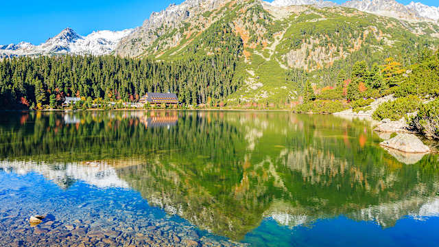 Reflection of mountains in Popradske lake in autumn colours of Tatra Mountains, Slovakia