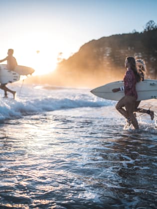 Vier Freunde laufen früh morgens mit Surfbrettern in der Hand ins Wasser © iStock.com/AzmanL