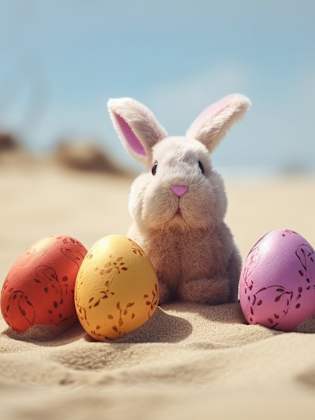 Osterhase und bunt bemalte Eier am Sand am Meer.