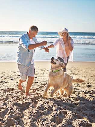 Pärchen mit Hund am Strand