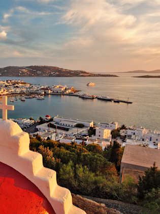 Elevated view of Mykonos Harbor at sunset