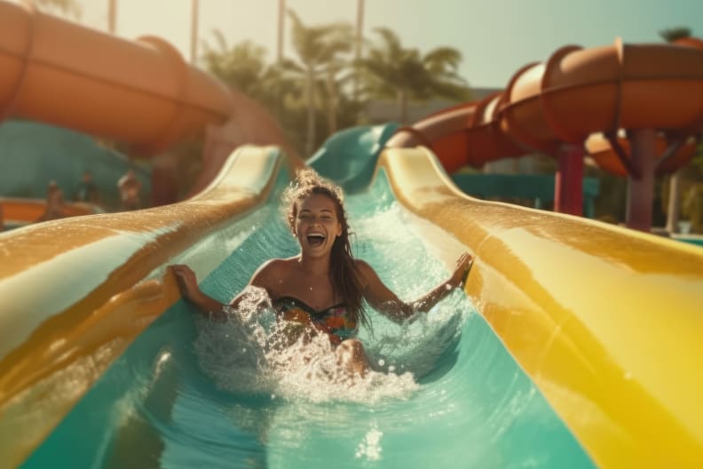 Frau auf Wasserrutsche - KI Bild
