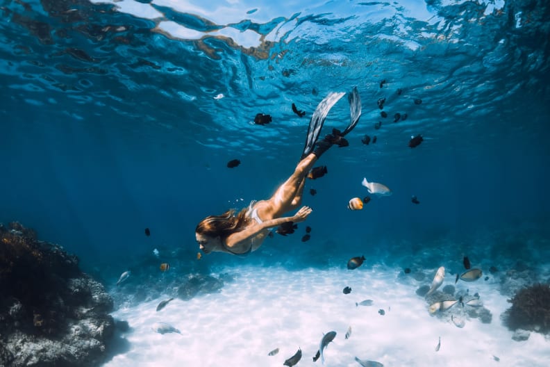 Freediver Dame mit Flossen gleitet unter Wasser mit Fischen © iStock.com/Nuture