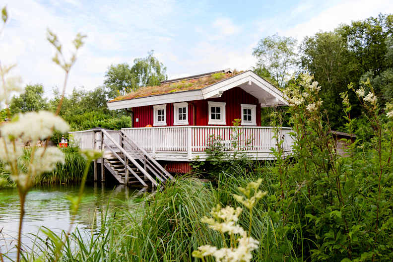 Rote skandinavisch anmutende Saunahütte mit Gründach und Holzterrasse, auf Stelzen über einem natürlichen Teich gelegen, umgeben von grüner Vegetation in der Friesentherme Emden.