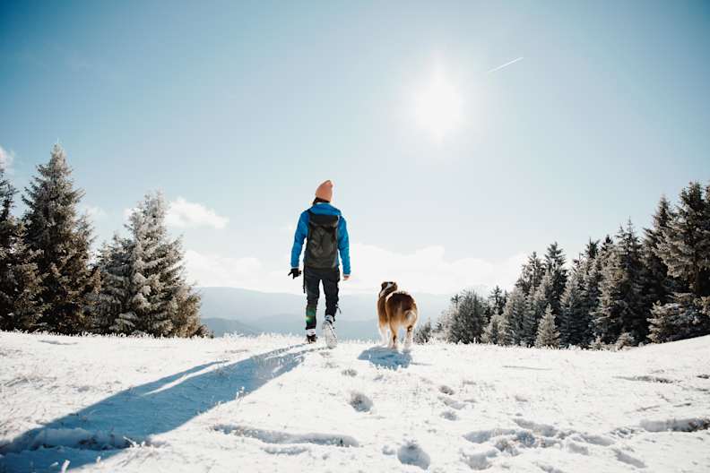 Eine Frau wandert mit ihrem Hund in einer verschneiten Landschaft.