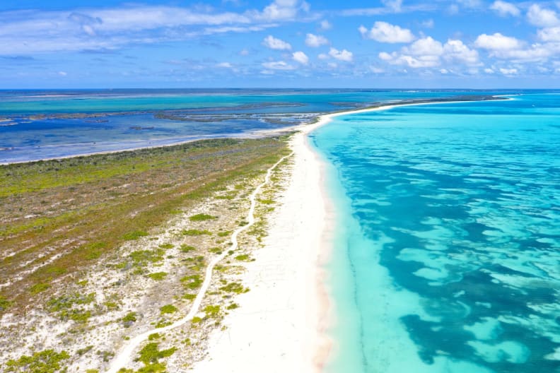 Luftaufnahme eines langen, karibischen Sandstrandes auf Barbuda.