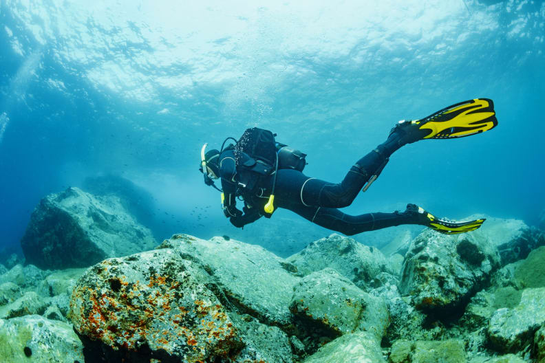 männlicher Taucher genießt blaues flaches Wasser © iStock.com/ultramarinfoto