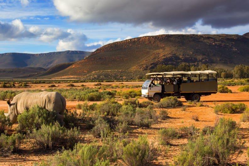 Ein Safari-Fahrzeug steht in der afrikanischen Wildnis mit Touristen, die ein Nashorn beobachten.