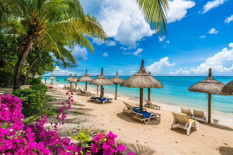 Bliumen, Palmen, ein strohgedeckte Sonnendächer und Liegen an einem Strand auf Mauritius