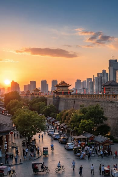 Panorama von Xi’an mit Stadtmauer im Abendlicht