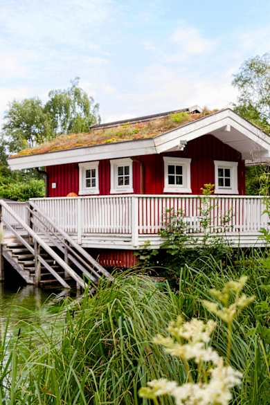 Rote skandinavisch anmutende Saunahütte mit Gründach und Holzterrasse, auf Stelzen über einem natürlichen Teich gelegen, umgeben von grüner Vegetation in der Friesentherme Emden.