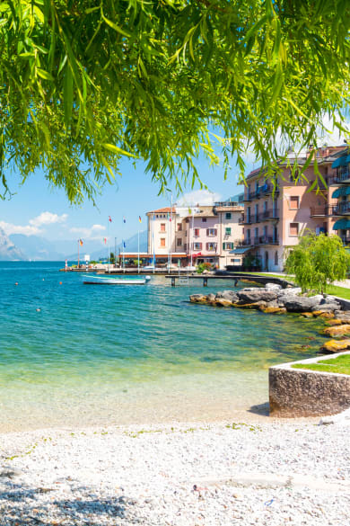Ein Baum steht an einem Strand am Gardasee, Italien.