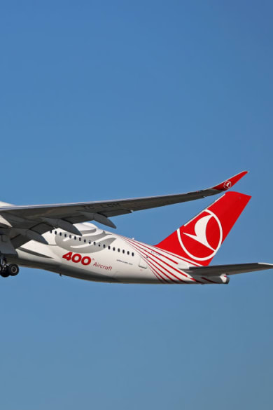 Ein Flugzeug von Turkish Airlines in der Luft.