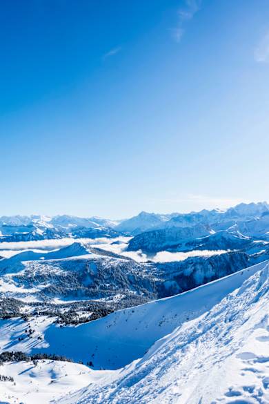 Ein Wanderer steht vor einer Schweizer Fahne auf einem Berg in den Alpen.