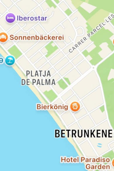 Wer dieser Tage den Ballermann sucht, findet dort "Betrunkene" vor. © Screenshot/Apple Maps