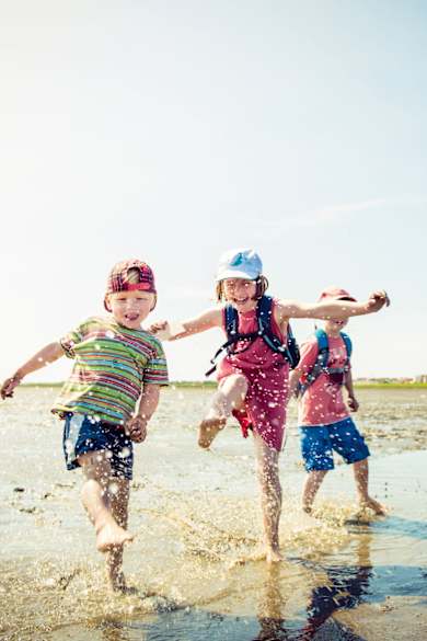 Kinder laufen durch das Watt bei Juist
