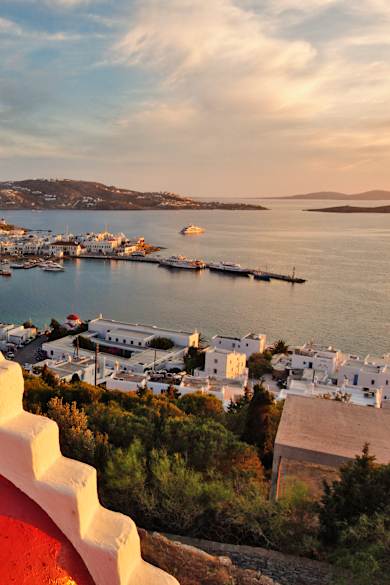 Elevated view of Mykonos Harbor at sunset