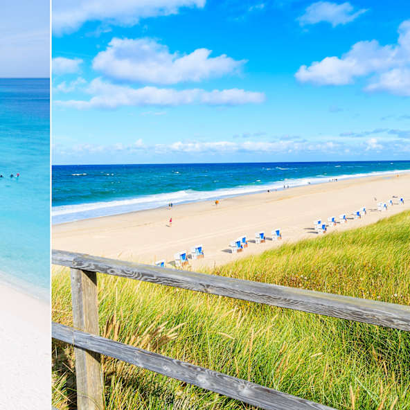 Links ein Strand auf Curacao, rects ein Strand auf Sylt, Deutschland.