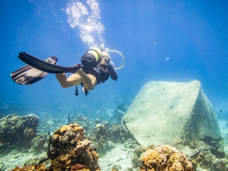 Taucher bei der Erkundung eines überwucherten Schiffswracks in Playa Larga, Kuba © iStock.com/Eloi_Omella