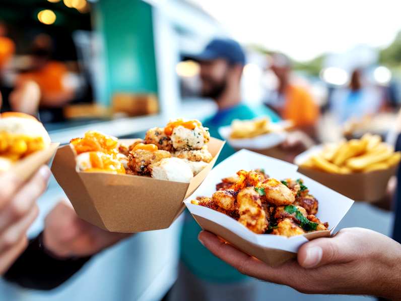 Menschen mit Fast Food an einem Food-Truck