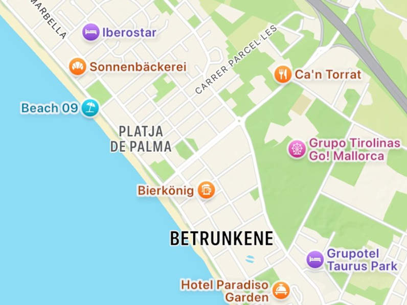 Wer dieser Tage den Ballermann sucht, findet dort "Betrunkene" vor. © Screenshot/Apple Maps