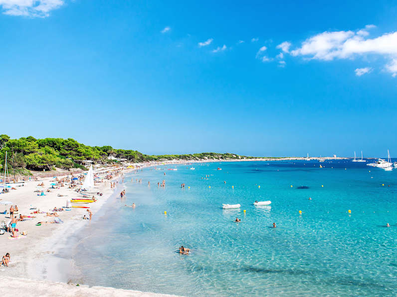 Aufnahme eines weißen Sandstrandes, an dem viele Leute aktiv sind