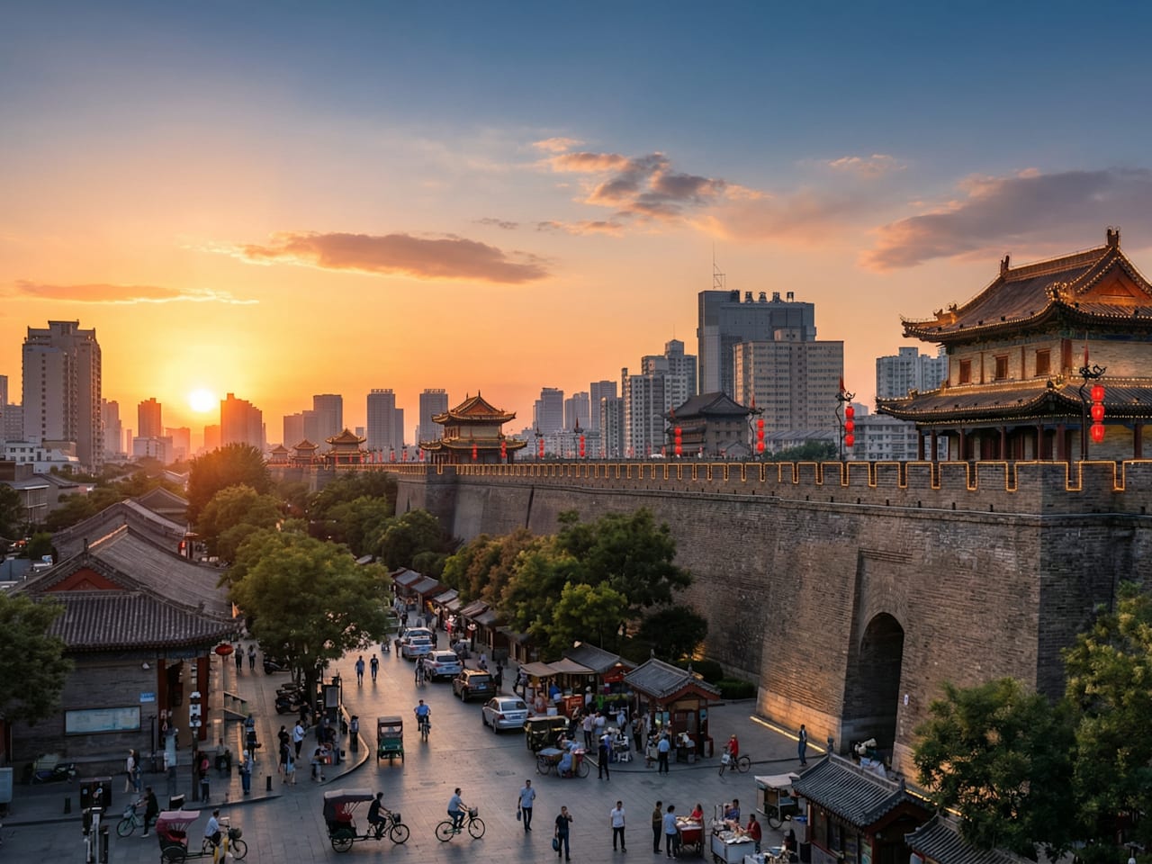 Panorama von Xi’an mit Stadtmauer im Abendlicht