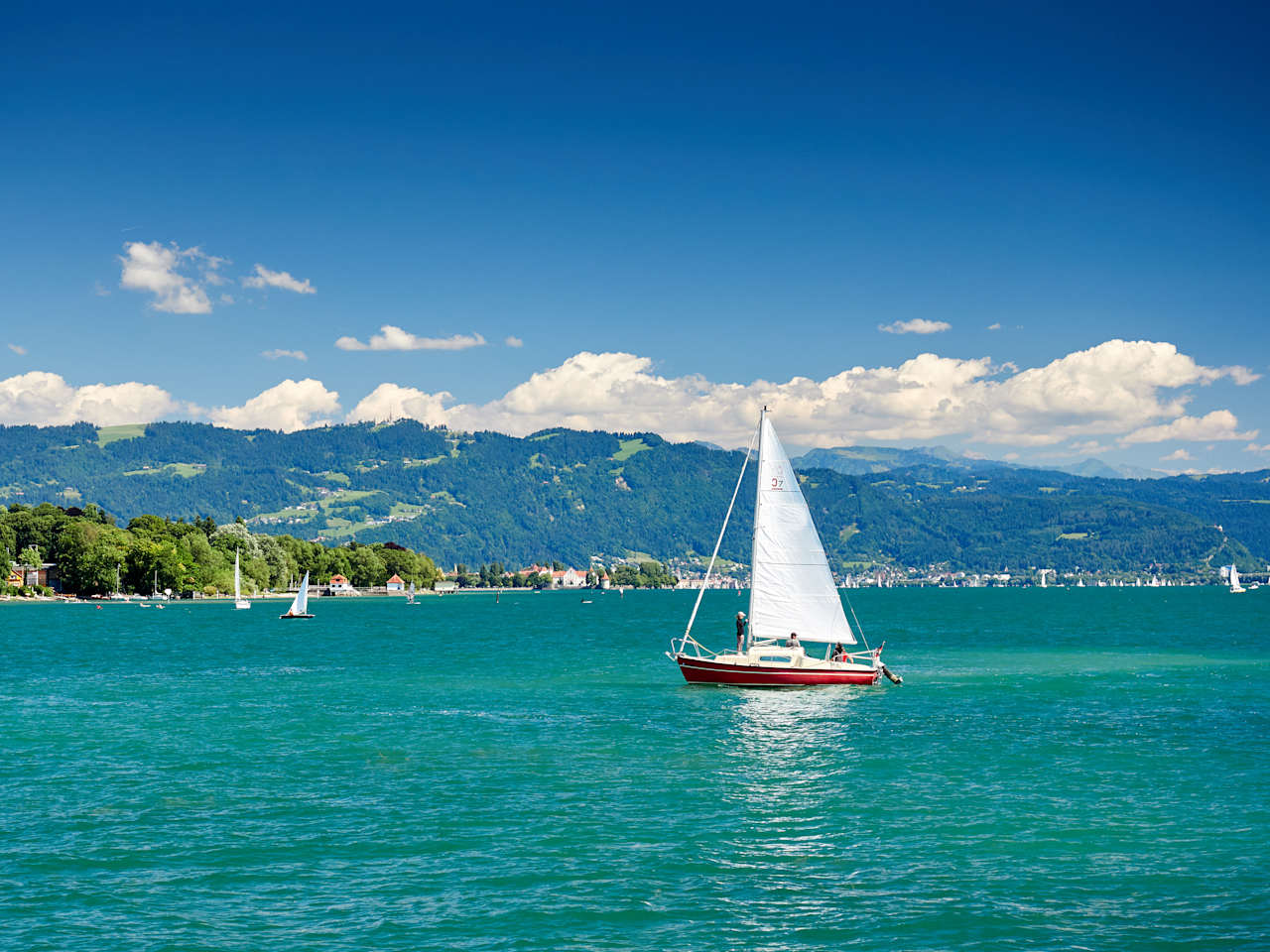 Boot auf dem Bodensee, bewaldete Hügel im Hintergrund
