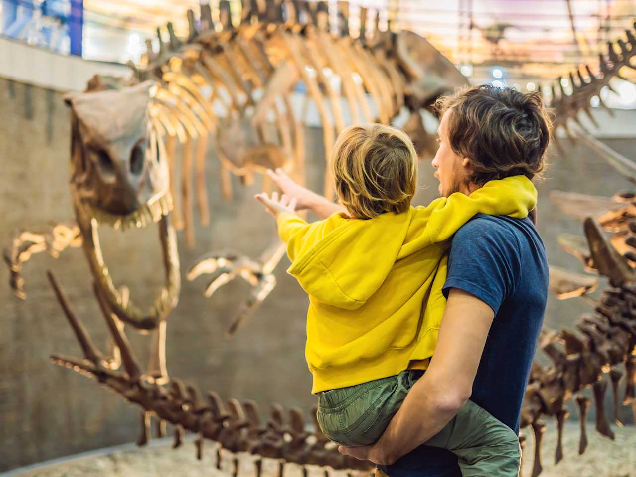 Ein Vater hat ein Kind auf dem Arm und beide schauen auf ein Dinosaurier Skelett
