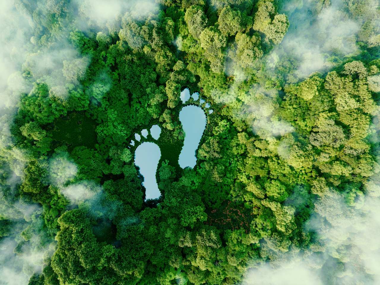 Luftaufnahme eines Regenwaldes, in dem zwei Seen aussehen wie Fußadrücke