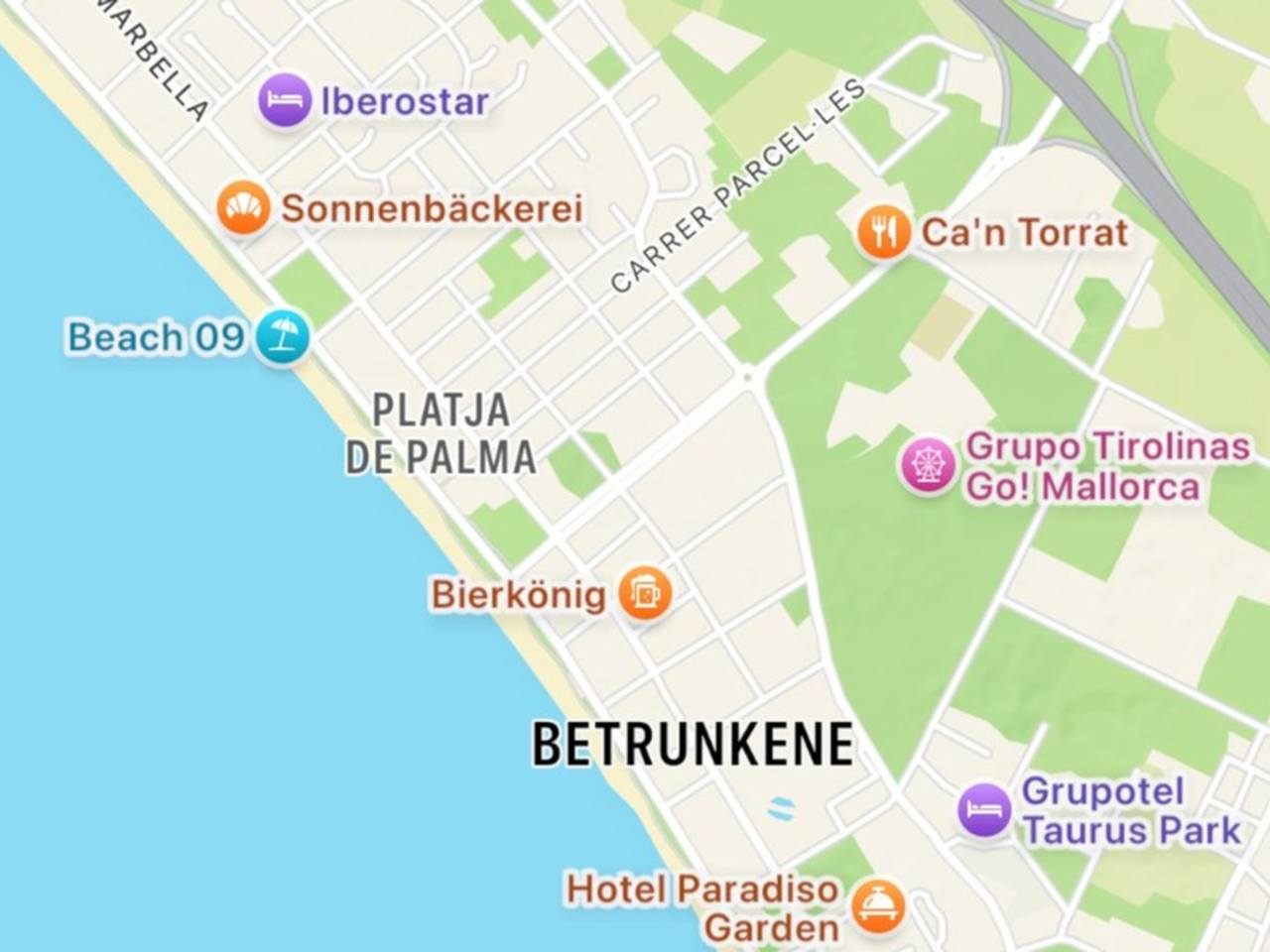 Wer dieser Tage den Ballermann sucht, findet dort "Betrunkene" vor. © Screenshot/Apple Maps