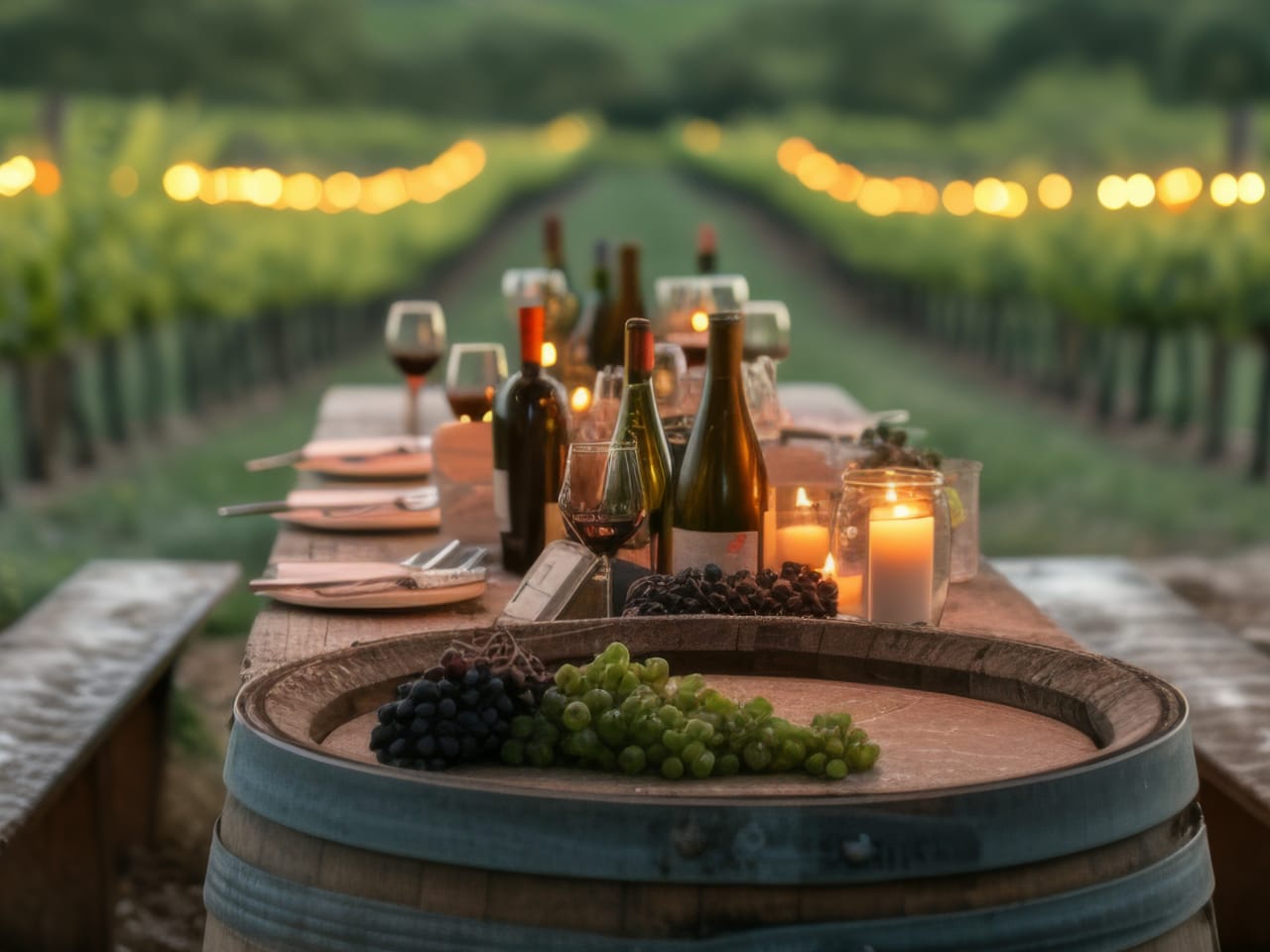 Ein gedeckter Tisch steht zwischen Weinreben