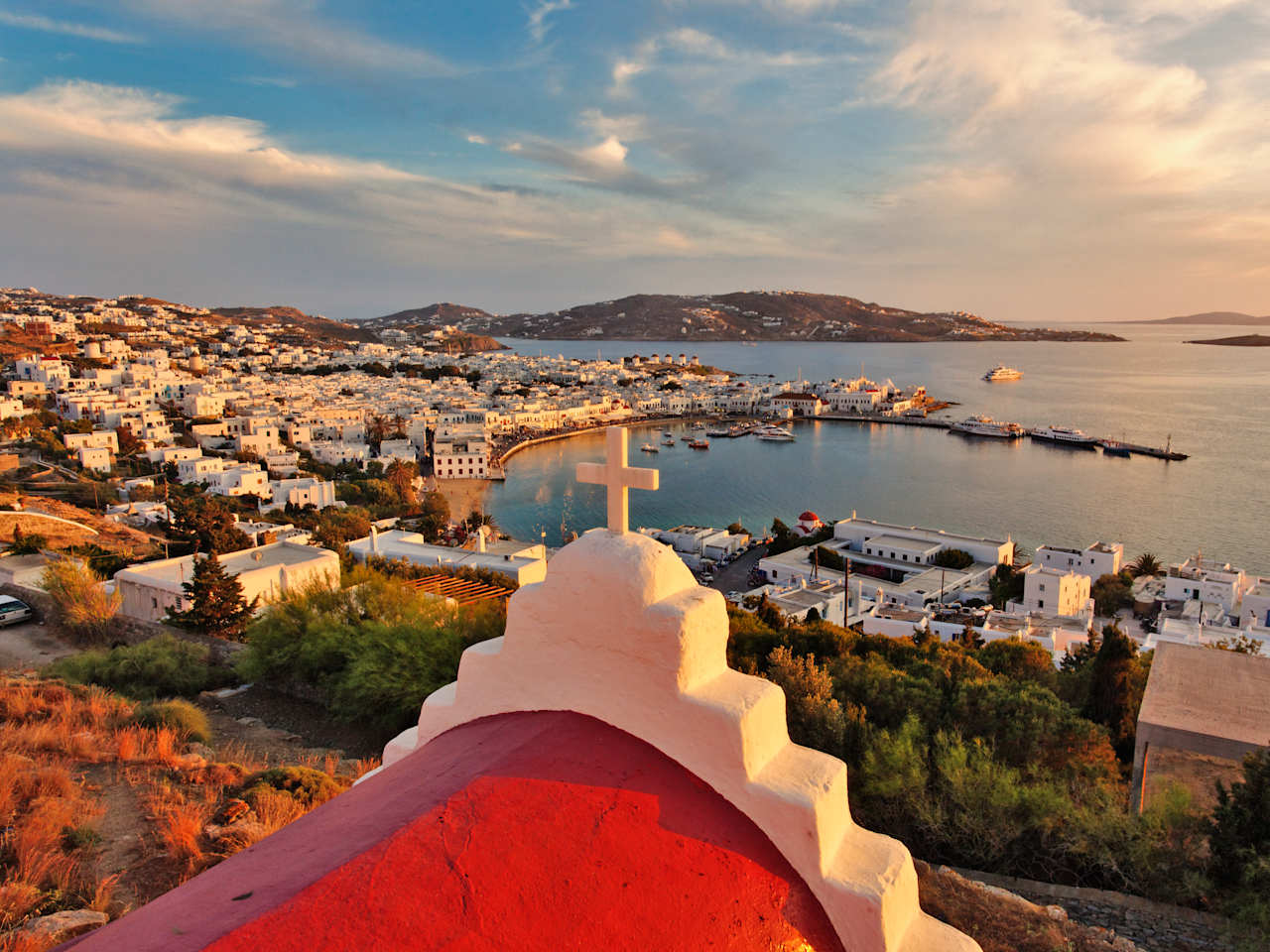 Elevated view of Mykonos Harbor at sunset