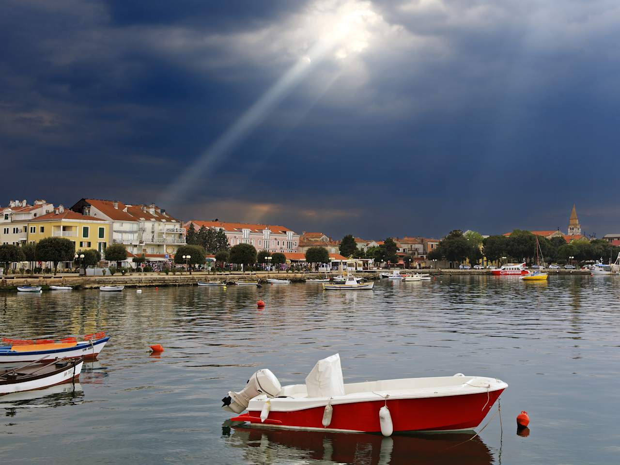 Croatia, Istria, Umag, boat in harbor